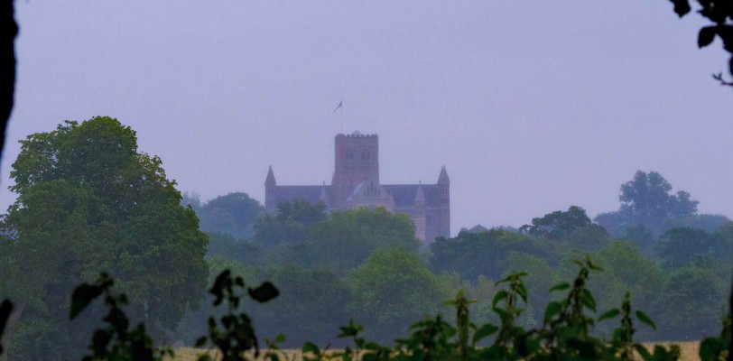 Cathedral seen across fields